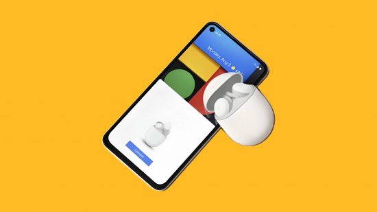 Google earbuds cleaning reminder header showing a phone and earbuds in a case on a mango yellow background. The earbuds are all white, in a egg-shaped case with two buds sticking out the top, and the phone has a picture of the earbuds below the date on a blue header.