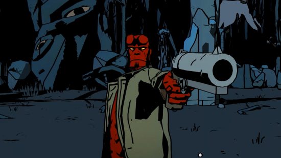 Hellboy Web of Wyrd release date: Hellboy standing on a dark background pointing a gun in front of him