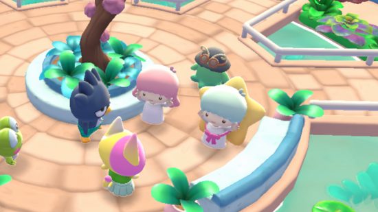 Hello Kitty Island Adventure LittleTwinStars update: A screenshot from HKIA zoomed in on Kiki and Lala appearing in the Nature preserve next to the green islander, Badtz-Maru, and the player character