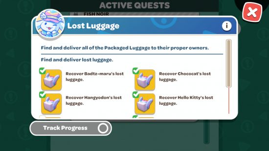 Hello Kitty Island Adventure luggage: A screenshot of the Lost Luggage mission screen showing several packages have been found