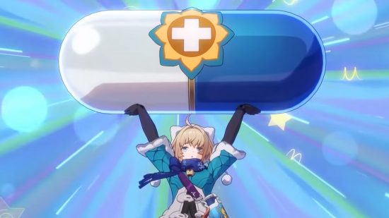 Honkai Star Rail Lynx holding up a giant pill with a sunflower on it on a starburst blue background
