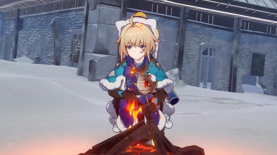 Honkai Star Rail Lynx: Lynx crouching by a campfire in the snowy outskirts of Belobog