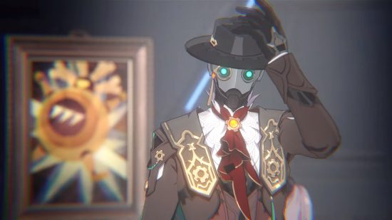 Honkai Star Rail's Screwllum tipping his hat in Herta's office, next to a painting in an ornate frame