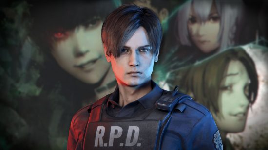 Bästa skräckspel - Leon Kennedy från Resident Evil 2 över konstverk av karaktärerna från Spirit Hunter Ng