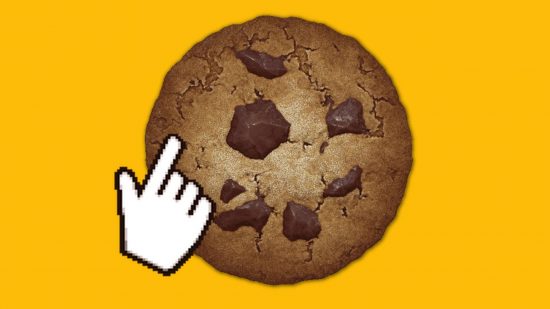 how to play Cookie Clicker: a cookie and a mouse cursor on a yellow background