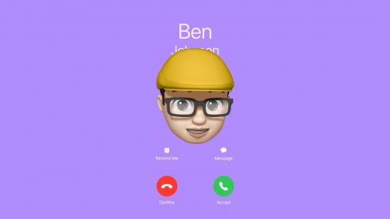 iPhone end call header shot showing a purple background with a cartoon face over the top of a phone's calling controls (hang up, leave a message, answer, the name of the caller). The cartoon face has big black glasses and a yellow hat.