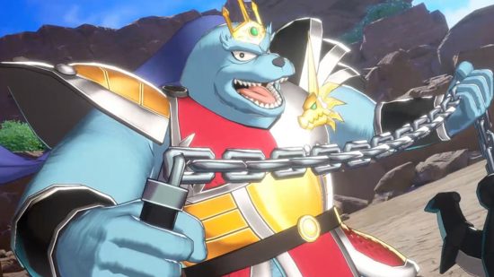 Infinisty Strash Dragon Quest pre-order: A screenshot from the game showing a blue, bipedal seal-like creature wearing red and gold armor and wielding a spikey ball on a chain