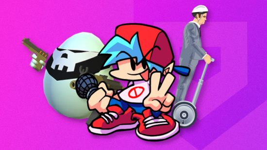 io games: Friday Night Funkin's Boyfriend, an egg from Shell Shockers, and Segway Guy from Happy Wheels over a pink Pocket Tactics background