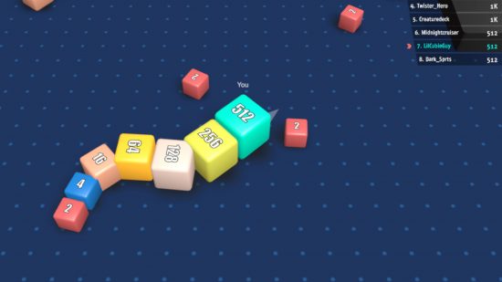 io games: a screenshot of Cubes 2048 gameplay showing a player snake made of cubes