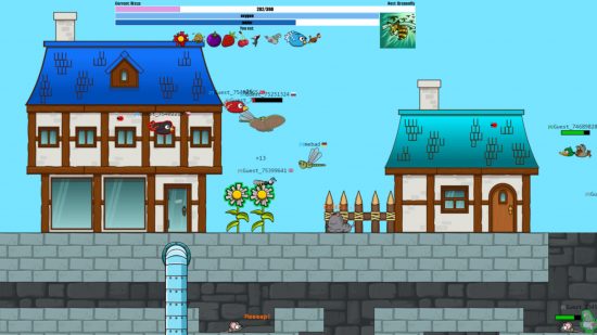 io games: a screenshot of FlyOrDie.io showing the player as a wasp on a flower, with other player animals flying above