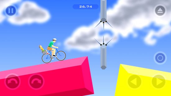 io games: a screenshot of Happy Wheels mobile showing Irresponsible Dad on a bicycle with his kid riding over an obstacle course