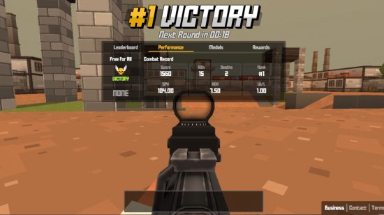 io games: a screenshot of the Krunker.io victory screen showing end-game stats 