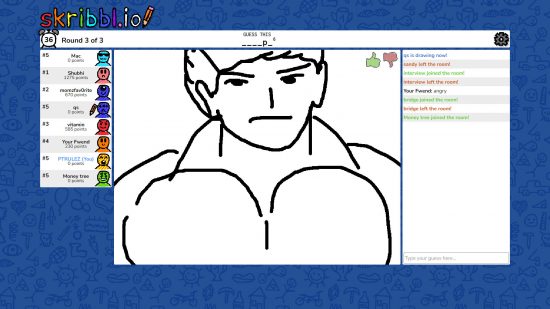 io games: a screenshot of scribbl.io gameplay, where a player has drawn a picture of a man and other players are guessing in the chat