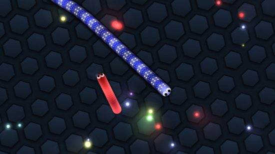 io games: a screenshot of Slither.io showing two worms slithering towards light pellets 