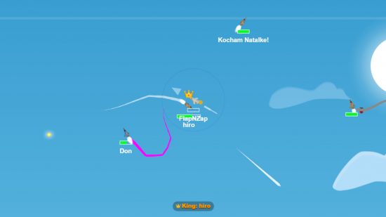 io games: a screenshot of Wings.io showing multiple player planes colliding in the sky
