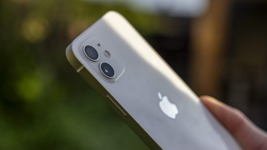 A close-up photo of the two cameras on the back of the iPhone 12