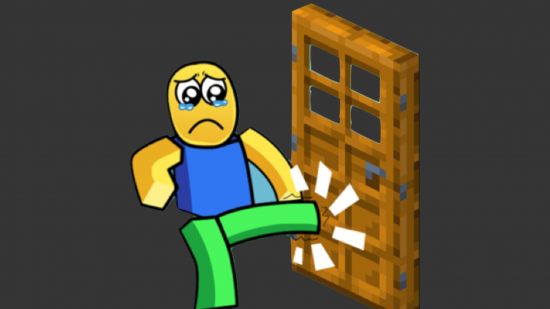 Kick Door Simulator codes header showing a Roblox character - sort of like a lego character with blocky arms and legs and a sad expression on their face -- kicking a wooden down