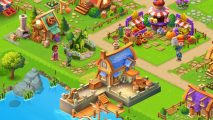 Kingdoms: Merge and Build release date header showing various buildings on grass connected by dirt roads by the water. All uber cartoony.