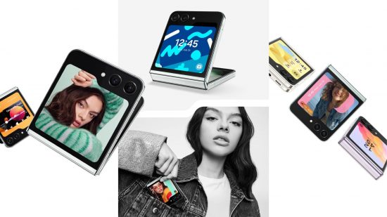 Latest Samsung phones, the Z Flip 5, in various configurations littering the screen with people's photos on its cover screen. In the centre is a woman pulling the phone from her breast pocket on a denim jacket.
