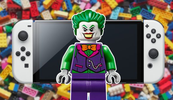 Lego games: A Lego Joker outlined in white and pasted on top of a white Nintendo Switch OLED undocked, which is pasted on a blurred Lego bricks background