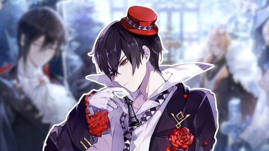 Lovebrush Chronicles pre-registration: Ayn from Lovebrush Chronicles wearing a black suit with a white shirt and red accessories, playing chess. He is outlined in white and pasted on a blurred background of the main four boys