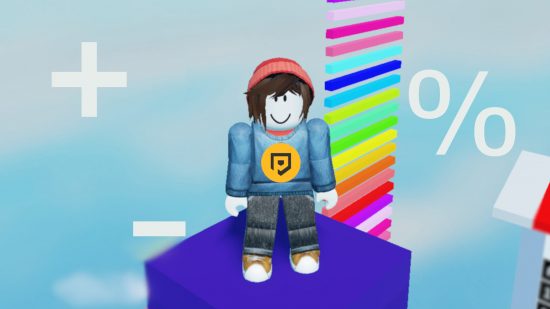 Math Answer or Die codes: A Roblox character stood on top of a rainbow pillar on a blue sky background. White mathematical symbols surround them