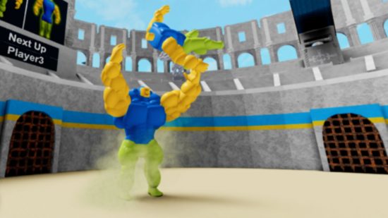 Mega Noob Simulator codes key art showing a huge noob throwing around a little one in an arena