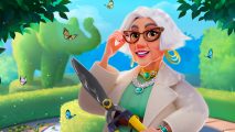 Merge Mansion August update: Deb, a grey haired woman wearing horn-rimmed glasses, a green top with a white coat over it, and ornate gold and silver jewellery with emeralds, stands in a hedge-filled garden holding hedge clippers. Butterflies fly around.