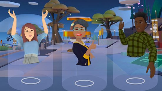 Meta AI chatbot header showing three characters that are just torsos and heads and arms, in a line, from within a VR game. On the left is a woman with a blue jumper, long brown hair, and arms aloft. In the middle, a bespectacled woman looking classy. On the right, a person with a check shirt and one arm up, the other down. It's all in a strange nighttime town square / forum type scene from the game Horizon Worlds, and it's also a tad horrifying.