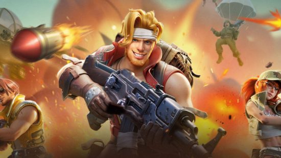 Metal Slug Awakening tier list: Key art for the game featuring Marco, a blonde-haired traditionally masculine white male character running towards the screen holding a large gun as bullets fly by him and explosions go off in the background