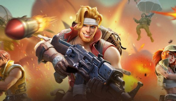 Metal Slug Awakening tier list: Key art for the game featuring Marco, a blonde-haired traditionally masculine white male character running towards the screen holding a large gun as bullets fly by him and explosions go off in the background
