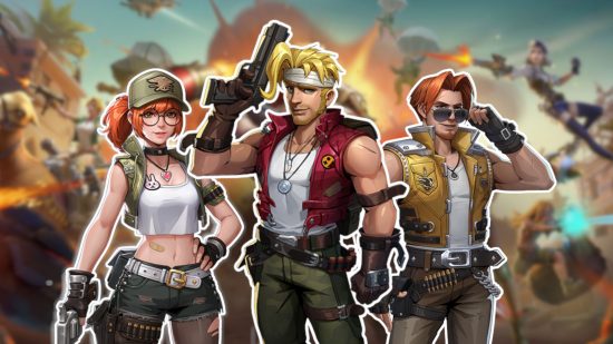 Metal Slug Awakening tier list: Character models of Marco, Fio, and Tarma outlined in white and pasted on a blurred background of the Metal Slug Awakening key art