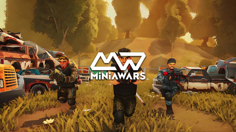 MiniaWars hero image featuring the game's logo overlayed on a screen showing several army men running towards the camera across a field with trees in the background