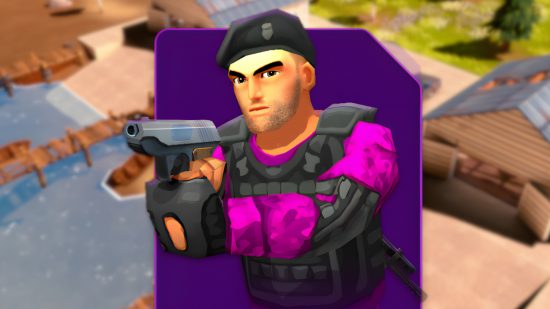 MiniaWars release date: One of the characters in purple and black clothing, holding a gun on a purple background card. This is pasted on a blurredd screenshot of the island map.