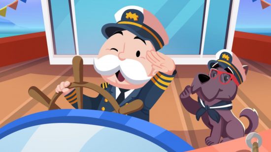 Image of the Monopoly Man and his dog on a boat for the Monopoly Go Sea Safari event