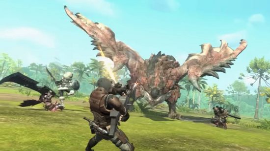 Monster Hunter Now weapon types: a series of hunters attack a Rathian in the mobile game Monster Hunter Now