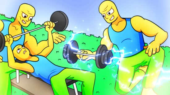 Muscle Evolution codes - three yellow guys pumping iron
