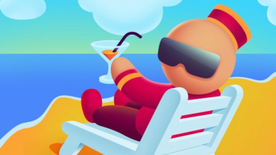 My Perfect Hotel tops charts: The bellhop from My Perfect Hotel sat in a sun lounger on a beach, drinking a martini