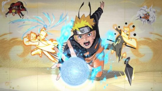 Naruto x Boruto Ultimate Ninja Storm Connections release date: Naruto as his young self reaching for an orb while falling, with various other versions of himself in the background
