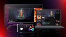 Netflix cloud streaming header showing three devices, a laptop, television, and mobile phone, on a red and black background. On the phone are various buttons in a game controller configuration. On the laptop and television is the logo for Oxenfree, a green and orange triangle.