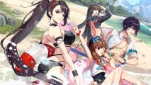 Netmarble 2023 financials header showing a crowd of anime characters in bathing suits on the beach lounging about and having fun.