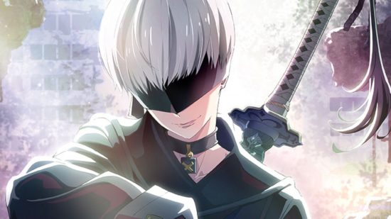 Nier Automata 9S: Promotional art of 9S for the Nier Automata anime showing him sat with a smile on his face and his sword strapped to his back in a well-lit environment with plants and flowers around