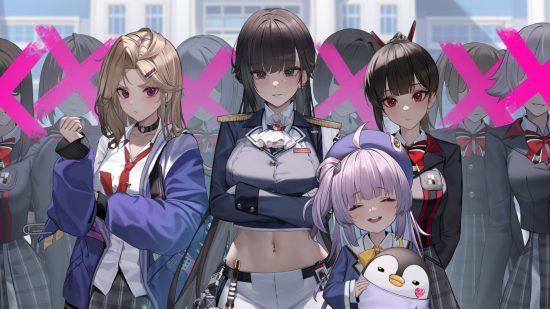 Nikke tier list: Four characters from Nikke standing in a group together in front of a line of generic schoolgirls with their faces crossed out with big pink crosses