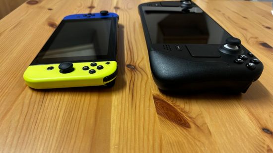 Nintendo Switch vs Steam Deck - image shows the two consoles from the side..