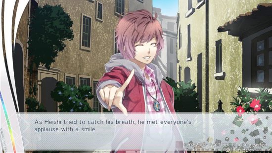 Norn9: Last Era review: A screenshot of a conversation with one of the characters with pink hair, pointing forward