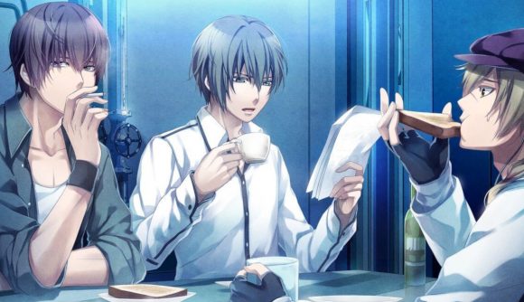 Norn9: Last Era review: Three of the boys sat at a table drinking coffee and reading the paper