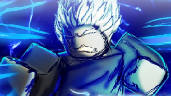 One Punch Hero codes - a character with white hair in front of a blue background