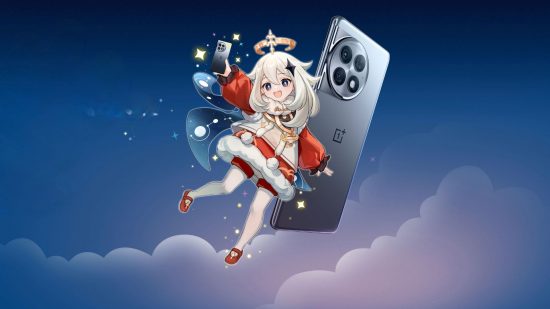 OnePlus Ace 2 Pro Paimon edition, showing Paimon, a girl with white hair and a red dress floating in the air surrounded by stars next to a black mobile phone with a large camera ring on the back.