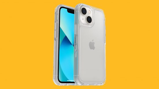 OtterBox warranty: An iPhone 13 in a clear OtterBox case, posted on a mango background