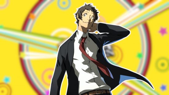 Persona 4 Adachi: Adachi posing and outlined in white, pasted on a blurred Persona 4 Golden background